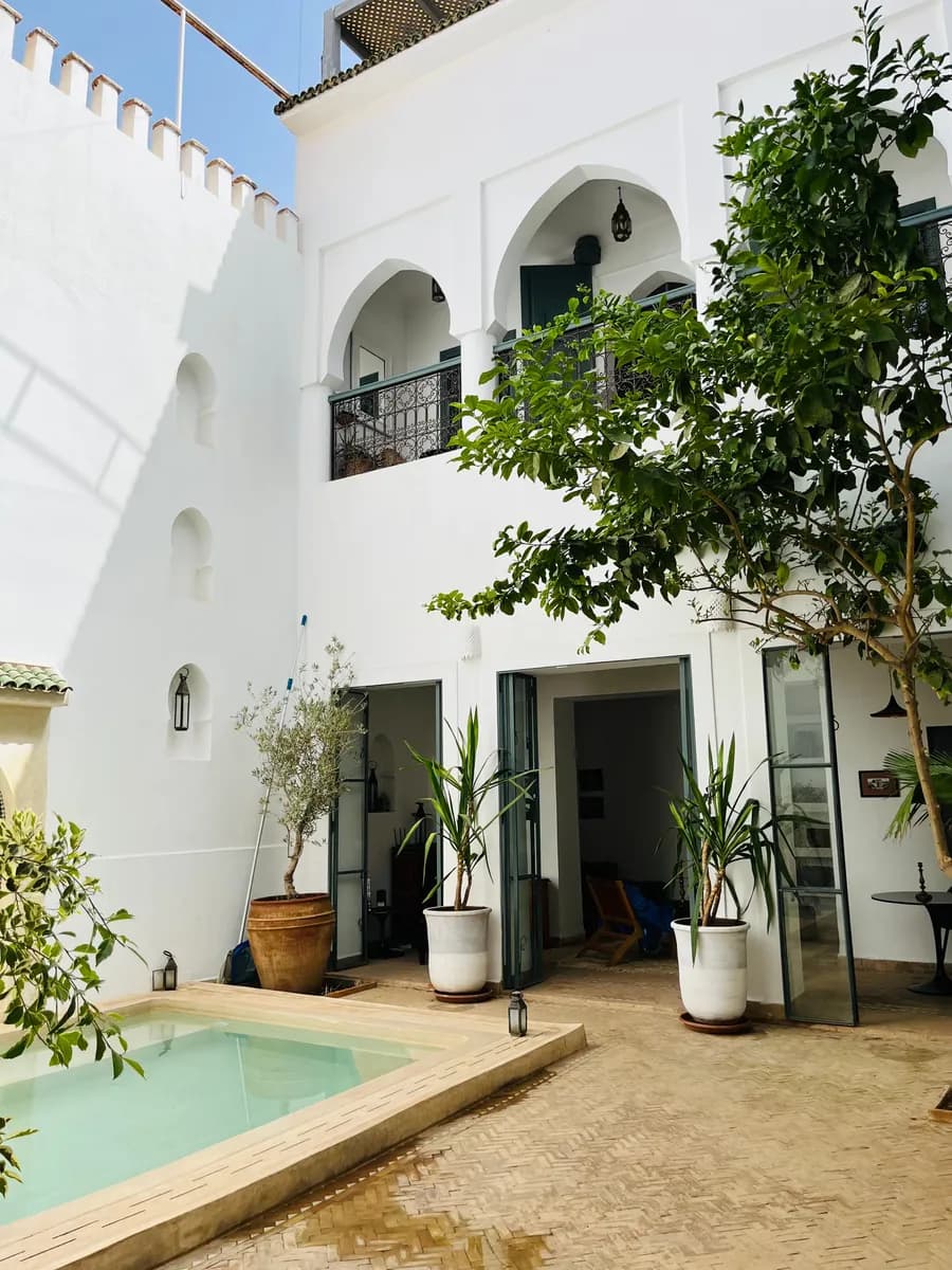 Exemple d'image BookNoFees : cour intérieure d'un riad avec une petite piscine et une végétation luxuriante